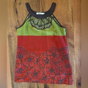Anthropologie Aryeh Geometric Floral Print Top, Barn Red, Green & Brown, Sz Med